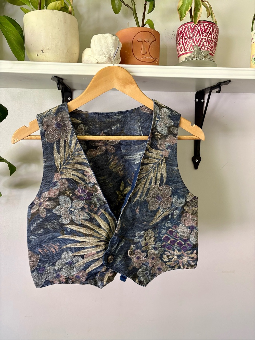 Floral Patterned Button Front Vest - Navy